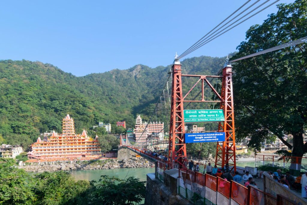 Laxman Jhula suspension bridge in Rishikesh over Ganga river